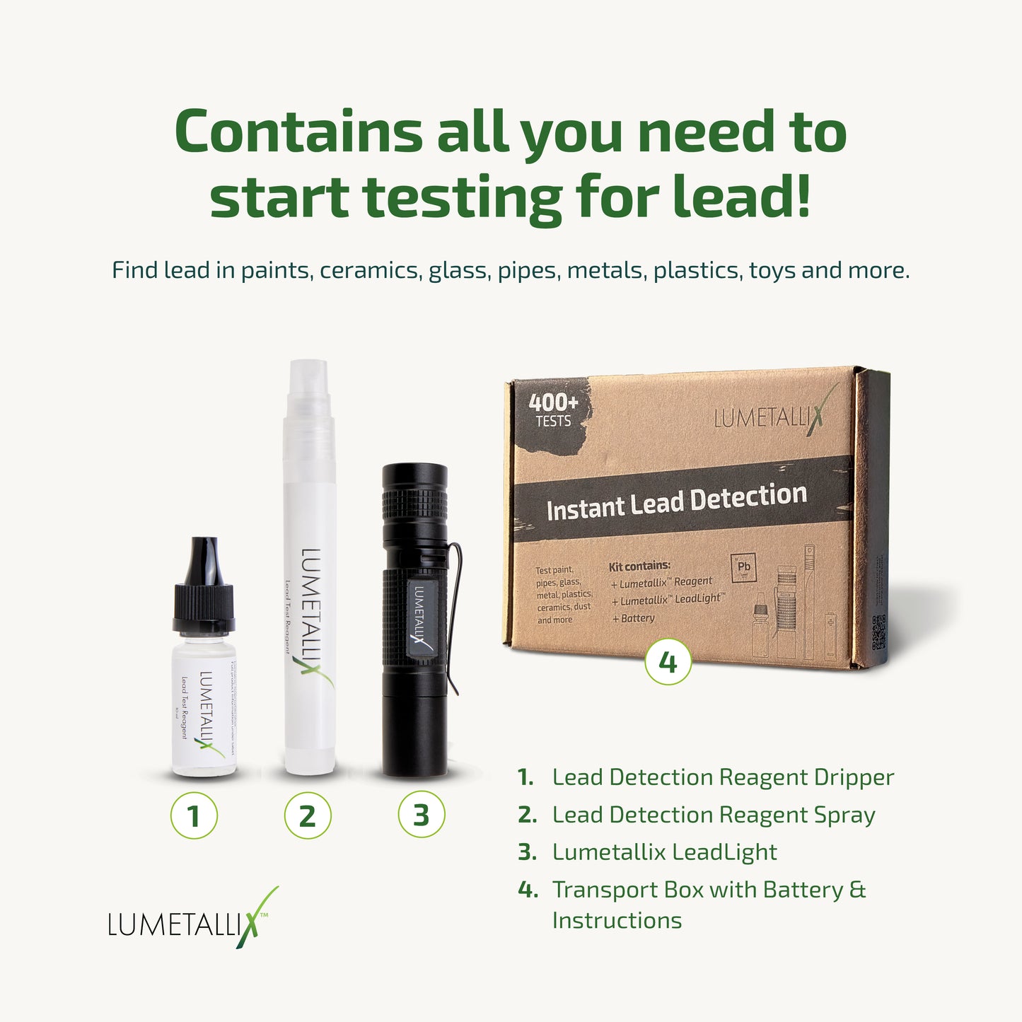 Lumetallix lead detection kit with packaging and components on a white background