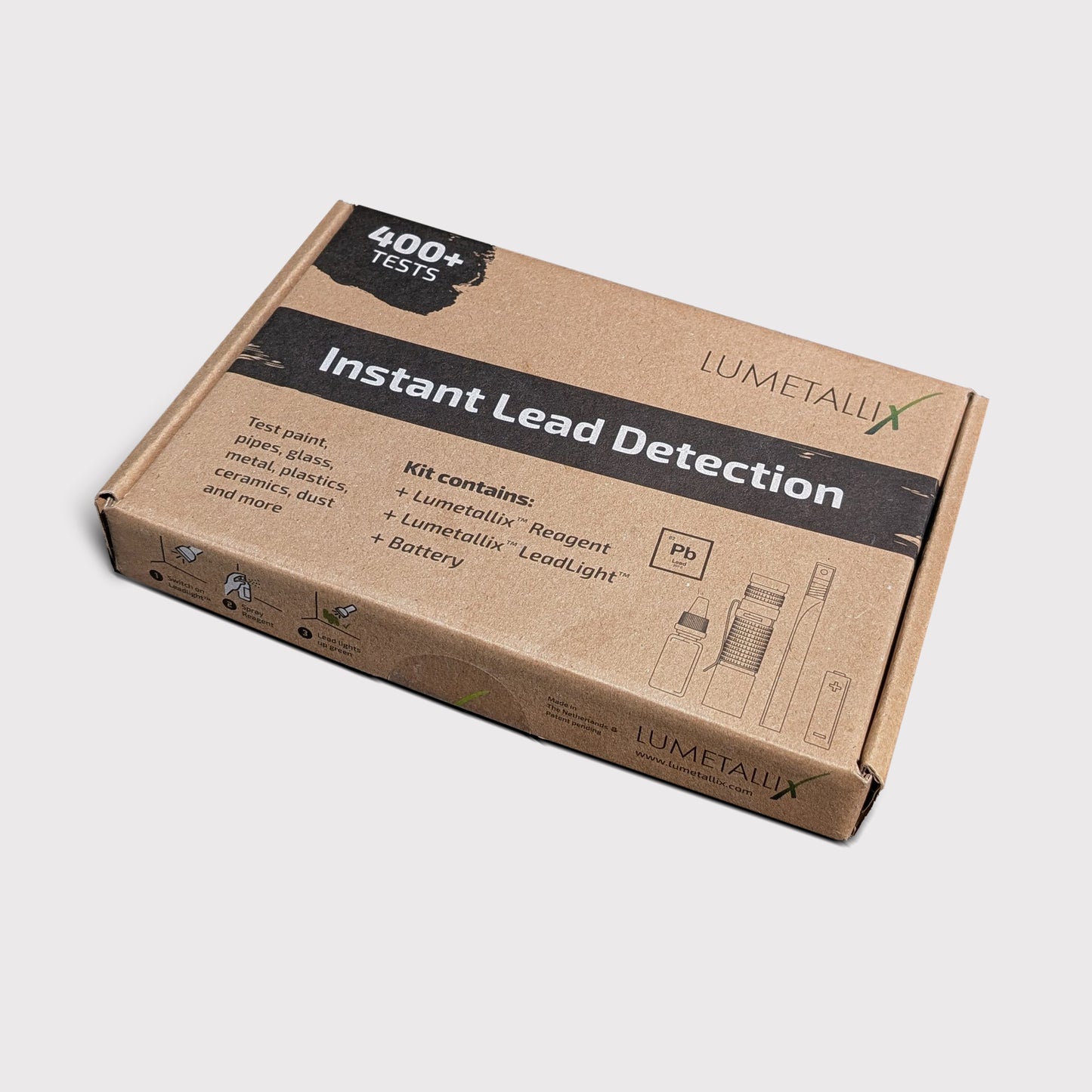 Lumetallix instant lead detection kit packaging on a white background
