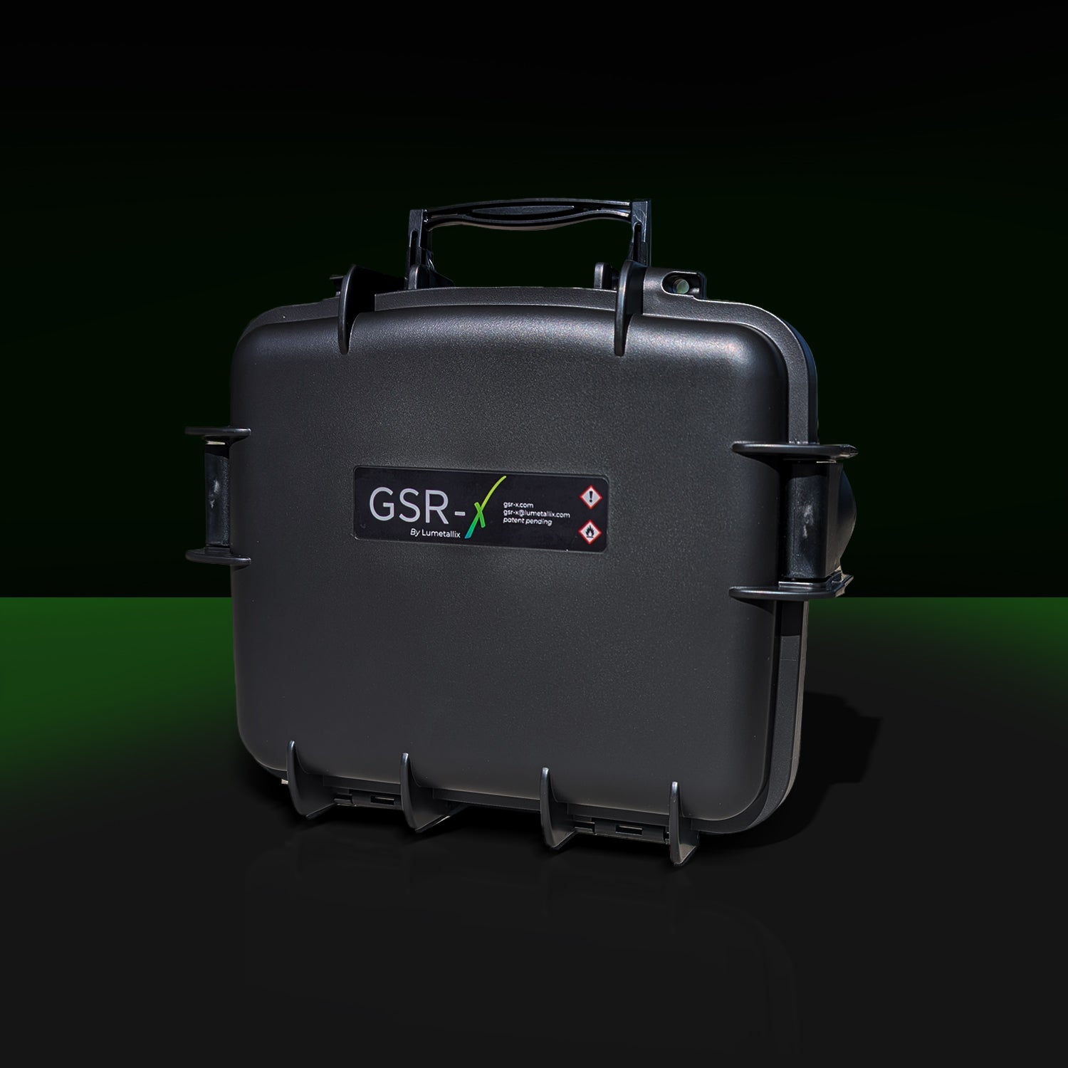 Black hard-shell case with GSR-X logo on a black background