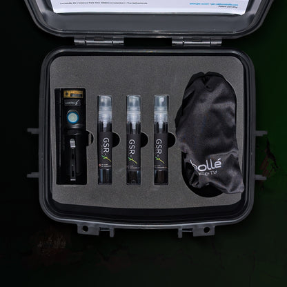 Set of GSR products in a black case with a branded cloth